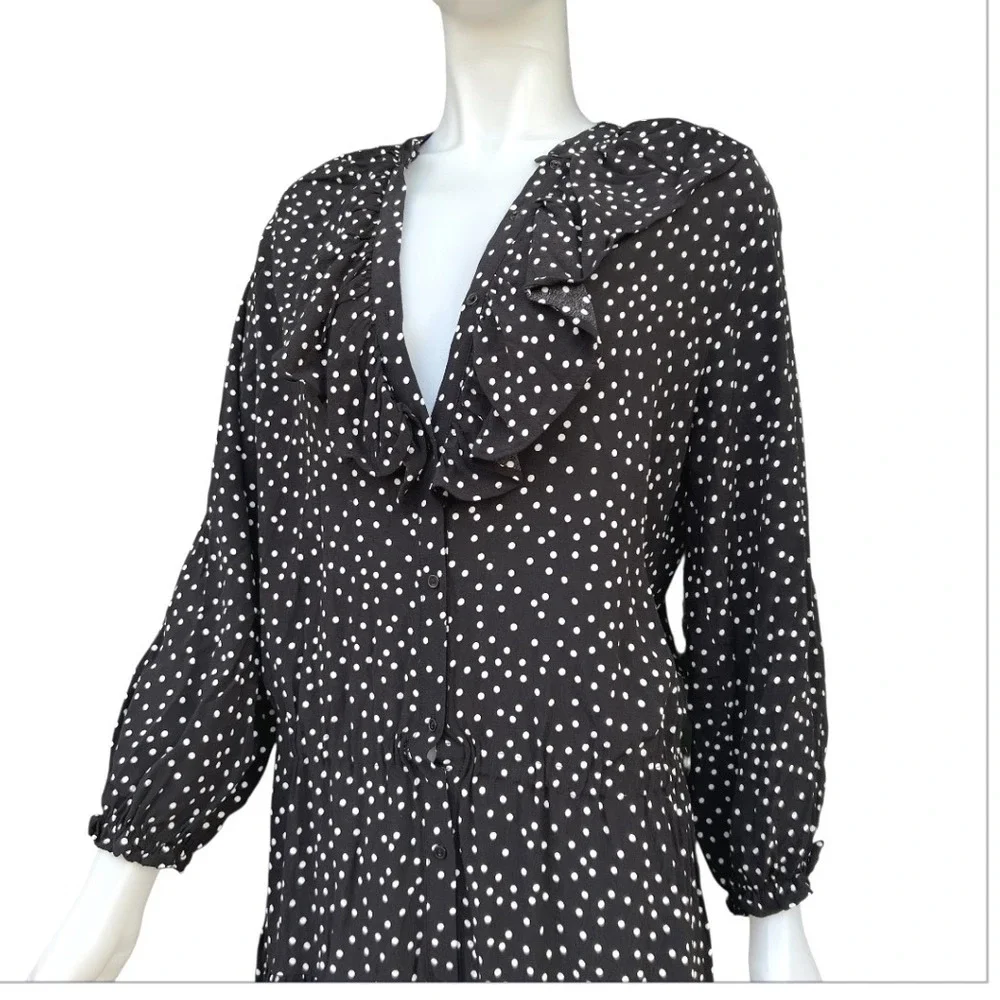 Polka Dot Tiered Midi Dress Black White Ruffle V-Neck Parisian‎ Chic Boho Size M